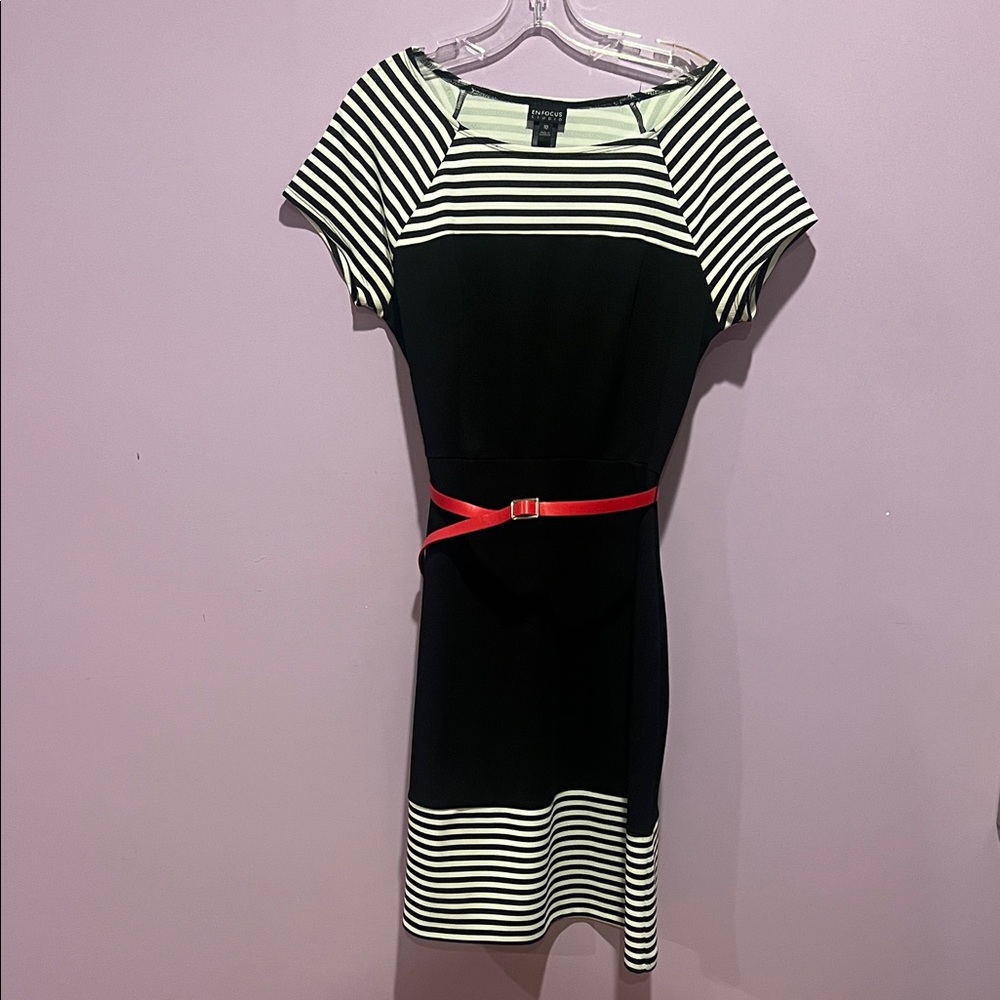 Enfocus Studio Black and White Striped Midi Dress with Red Belt